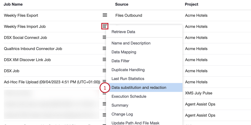 choosing data substitution and redaction from the job options menu
