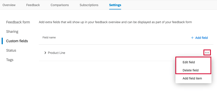 the edit field and delete field options for a custom field