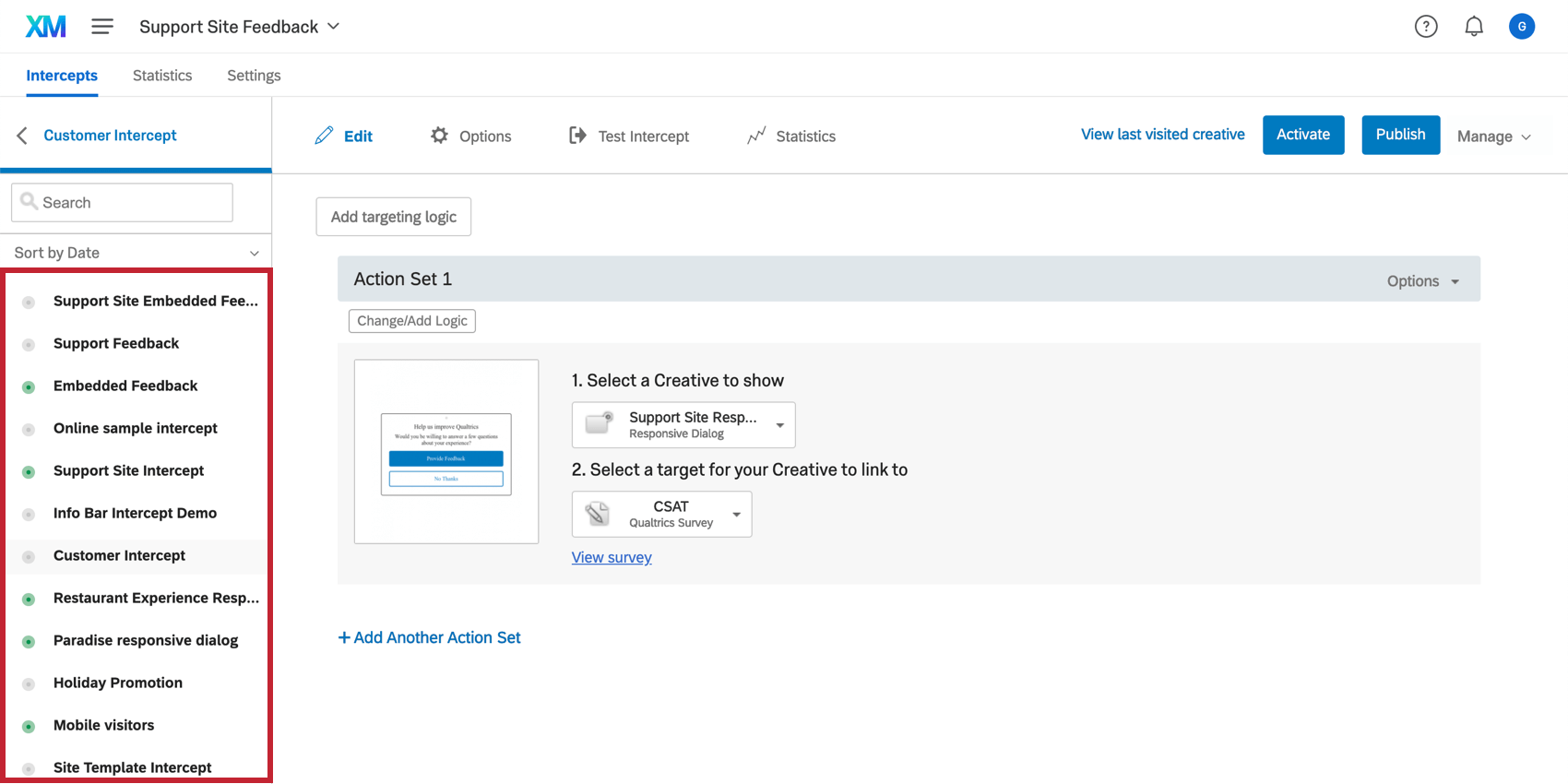 Intercept selection menu on the far left