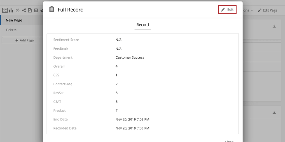 Record window open over dashboard, edit button in upper-right