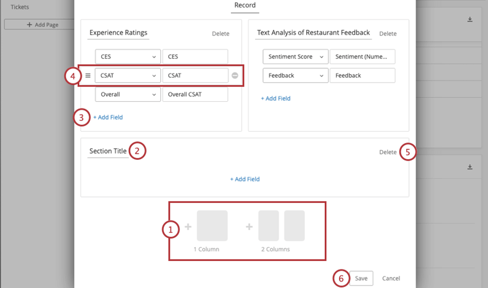 Numbered sections of the editing view