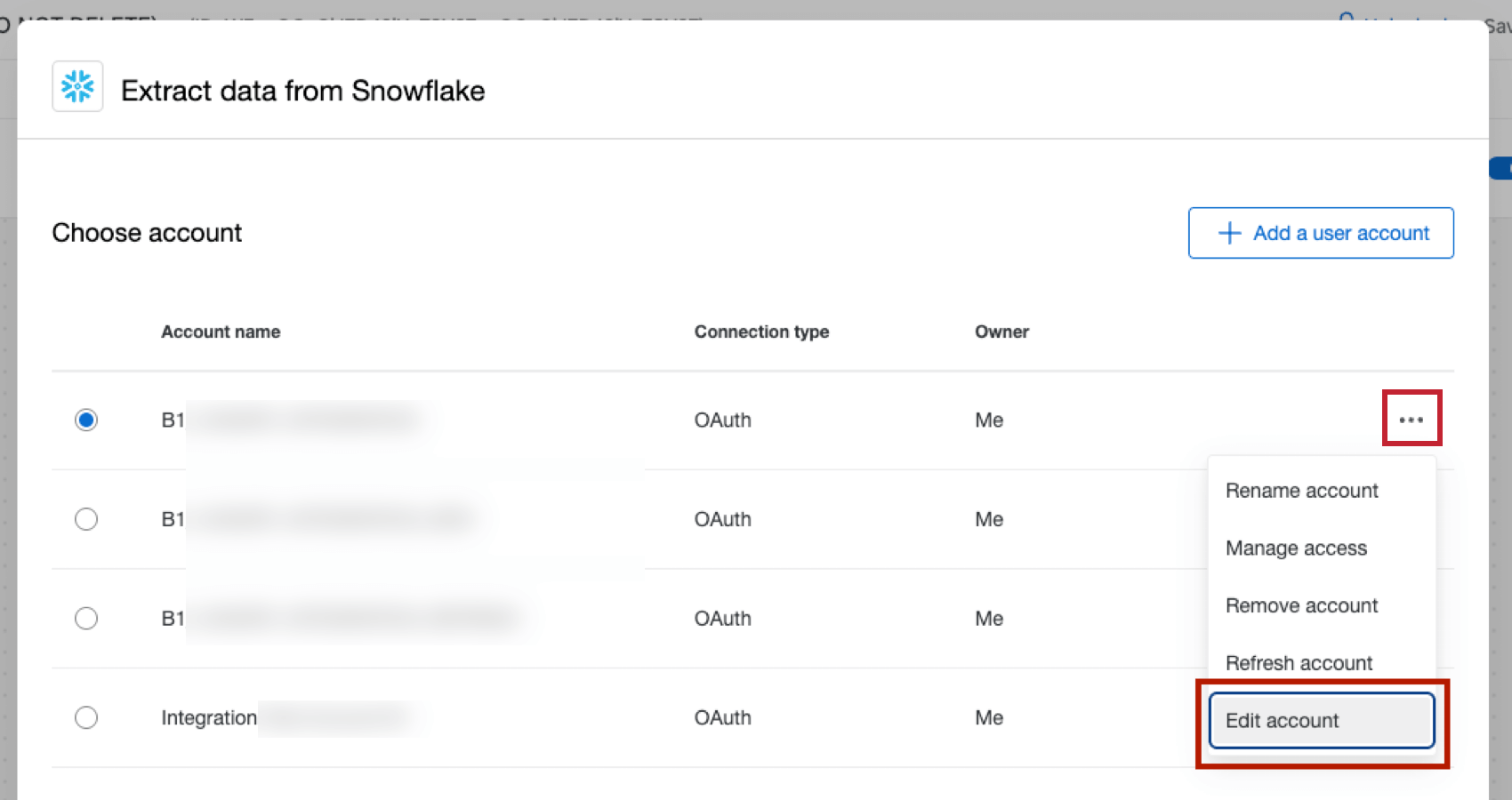 facendo clic su modifica account avanti a una connessione Snowflake scaduta