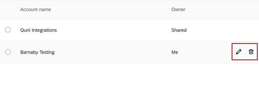 the pencil and trash can icons for editing or removing an account