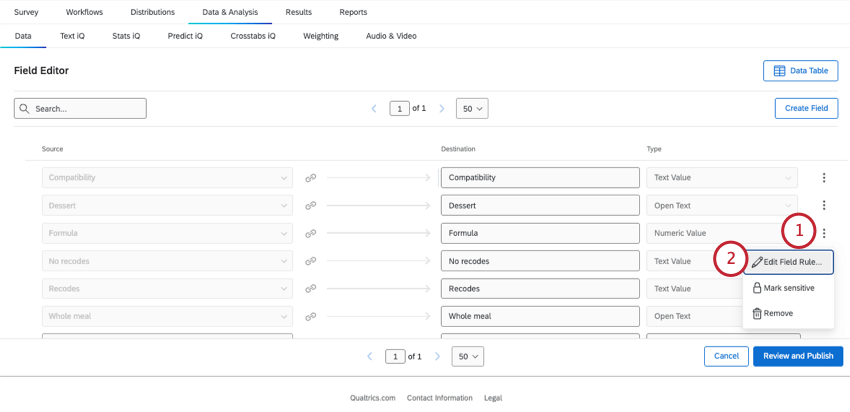 editing the field rule button