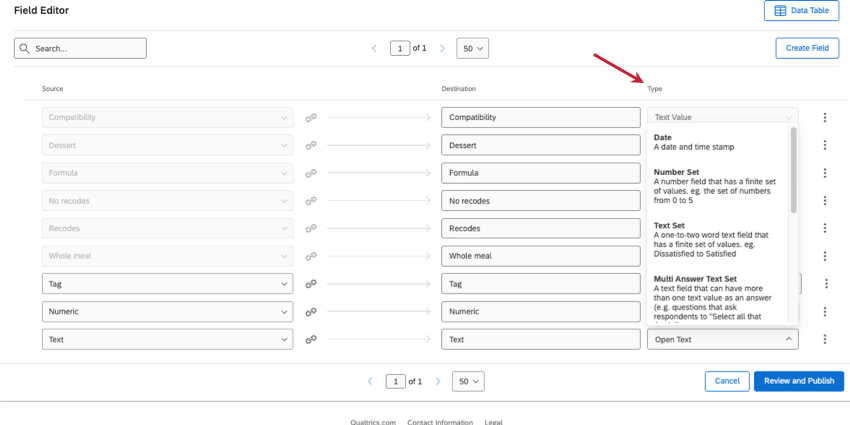 screenshot of field type menu expanded