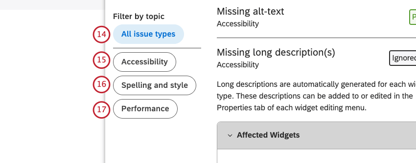 window says fitler by topic : all issue types, accessibility, spelling and style, performance