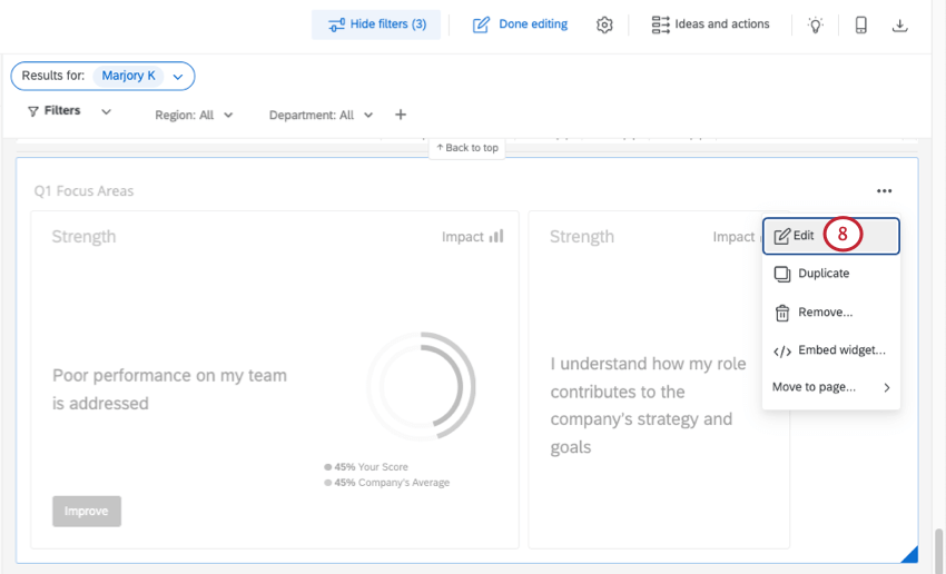 dashboard in editing mode. clicking 3 dots in upper right of a focus areas widget, then selecting edit