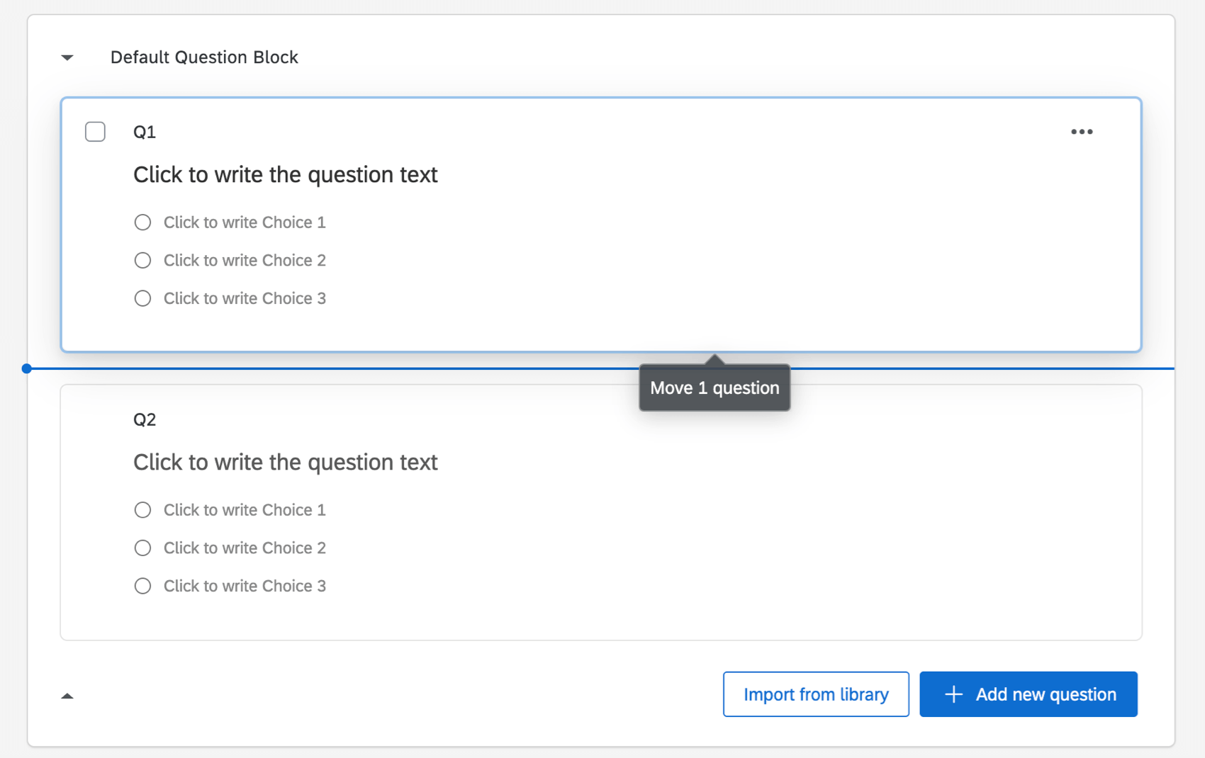 Question selected highlighted in blue. Line to show where the question will end up