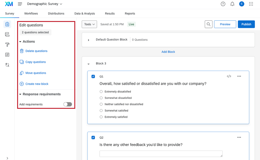 Comme pour la sélection dune seule question, un menu souvre à gauche avec des options sur ce que vous pouvez faire pour toutes les questions sélectionnées en même temps