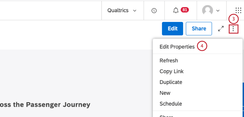 Espandere il menu delle opzioni nellintestazione della dashboard. Selezionare Modifica proprietà.