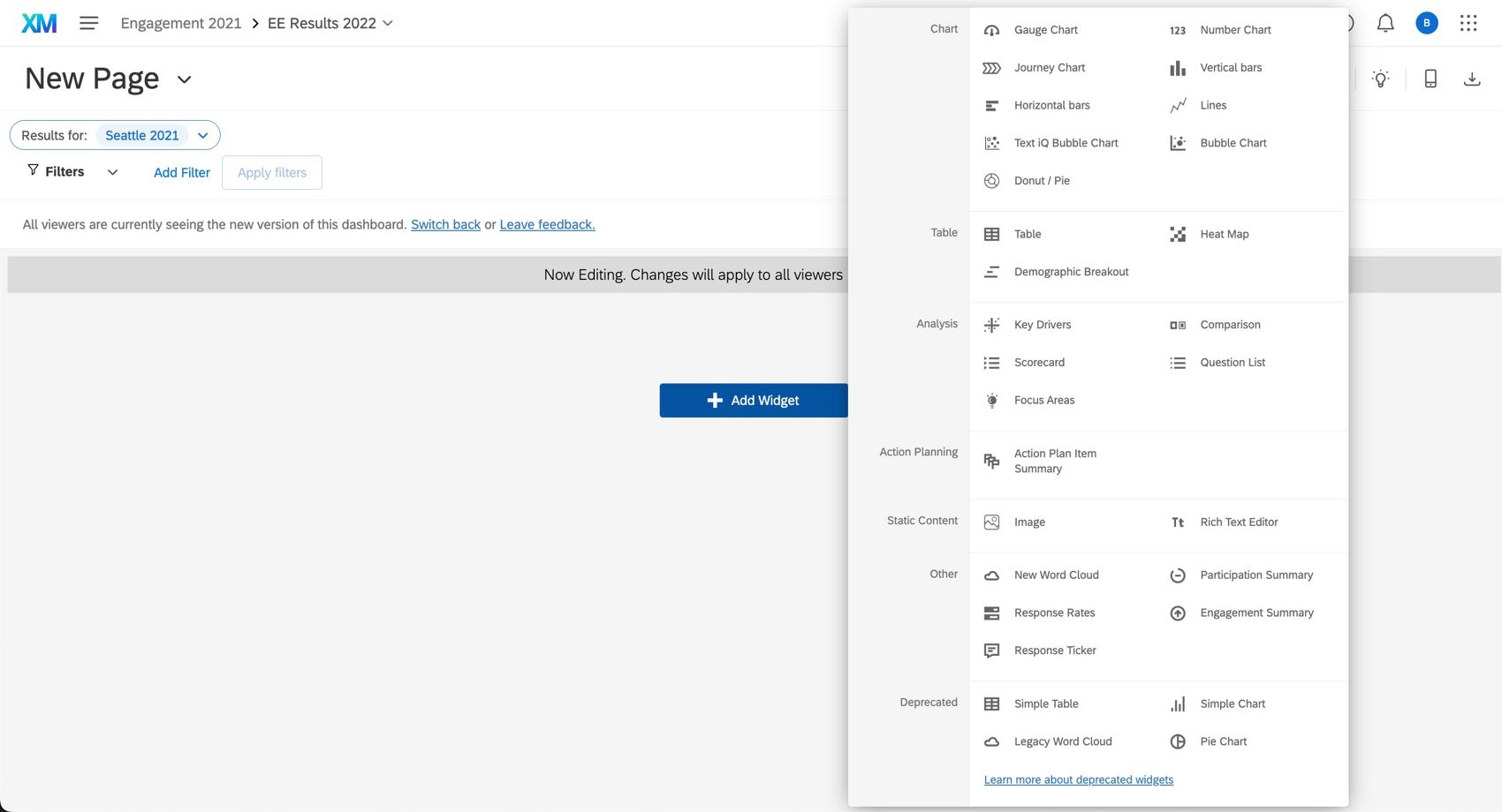 Botón Agregar Widget seleccionado para revelar una lista de tipos de preguntas