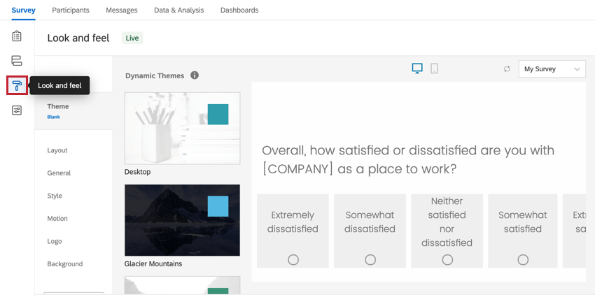 the look and feel section of the survey builder