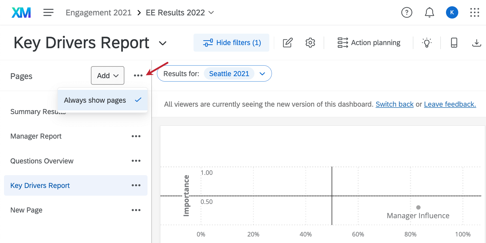 Tre punti a destra del pulsante aggiungi cliccato, lunica opzione è mostra sempre le pagine. viene visualizzato un segno di spunta che indica che è stato attivato