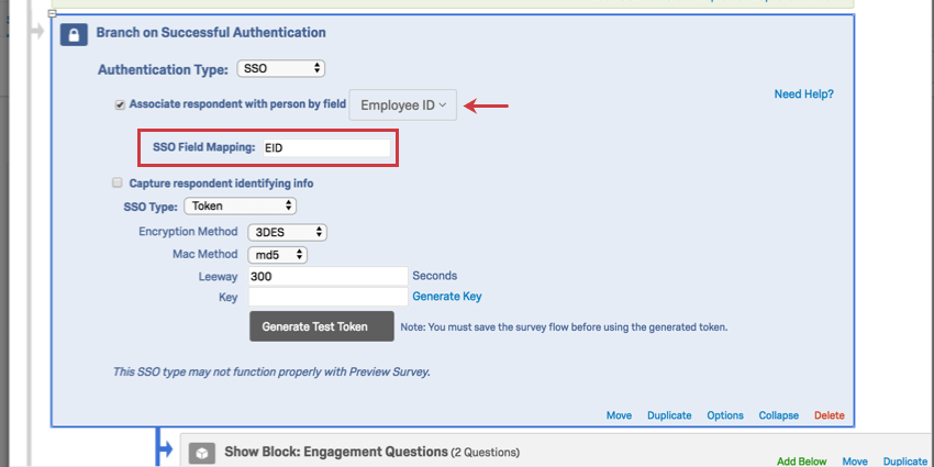 矢印は、associate response with person byフィールドがEメールではなく、従業員IDに設定されていることを示し、その結果、SSOフィールドマッピングボックスが以下に表示されます。