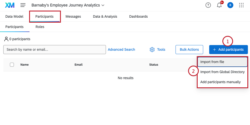 En la pestaña de participantes, haga clic en Agregar participantes y elija un método para cargar participantes.