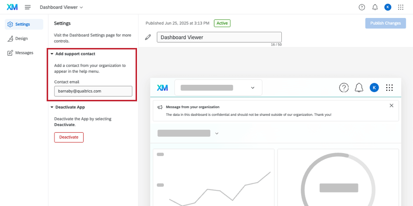 eine Dashboard-Viewer-App wird bearbeitet. die Registerkarte "Einstellungen" ist geöffnet. in dieser Registerkarte ist die Option "Support-Kontakt hinzufügen" erweitert, und eine Kontakt-E-Mail ist ausgefüllt