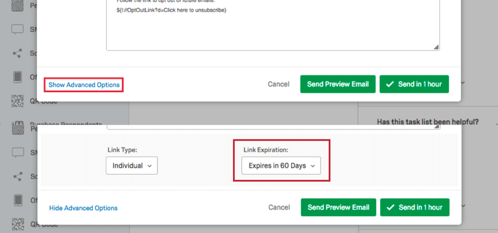 Link expiration dropdown in Advanced Options