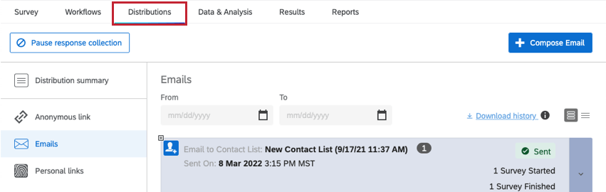 Registerkarte „Verteilungen“ einer Umfrage