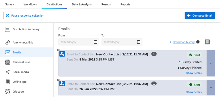 Emails page selected from the lefthand pane of of the Distributions tab