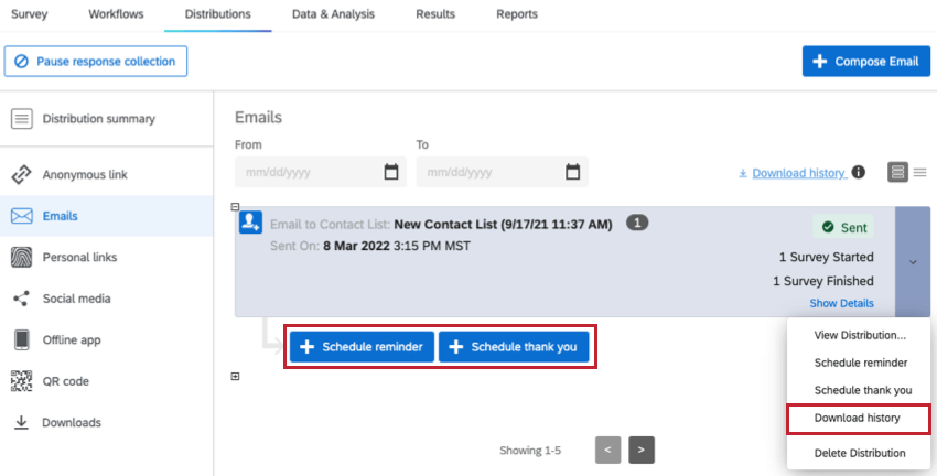 Opção Histórico de downloads encontrada no menu suspenso à direita de uma distribuição