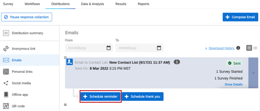 Schedule reminder button to the bottom-left beneath the distribution