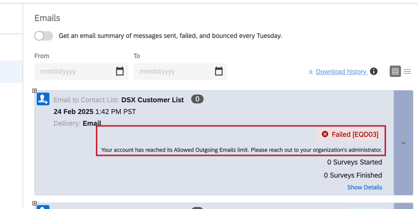 uma distribuição de e-mail que falhou com o código de erro EQD03