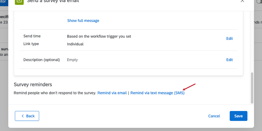 Capture décran de la tâche denvoi de lenquête par e-mail, avec un texte au bas du résumé de le-mail renvoyant vers des rappels par e-mail et par SMS