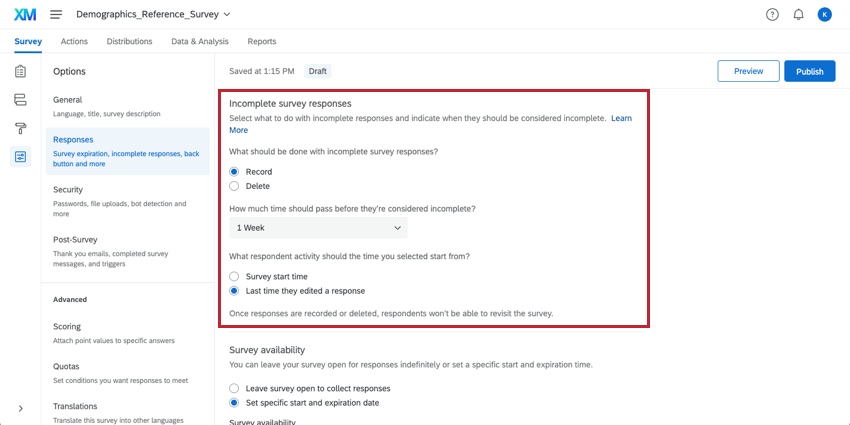 Incomplete Survey Responses setting in the Survey Options