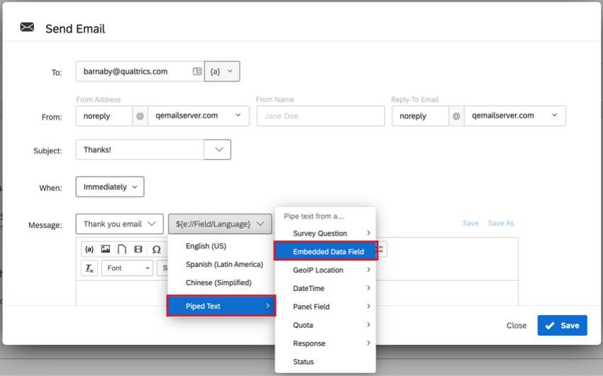 Using Piped Text to translate your email message in an email task