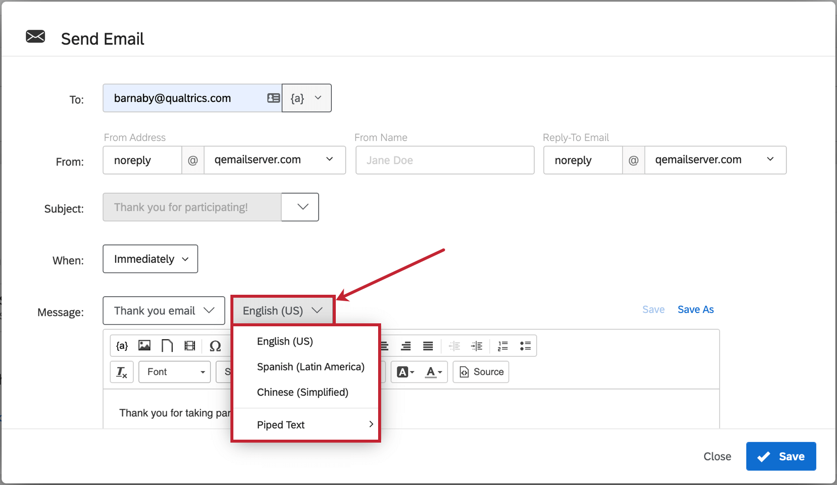 Dropdown next to message line expanded to show translation and piped text options