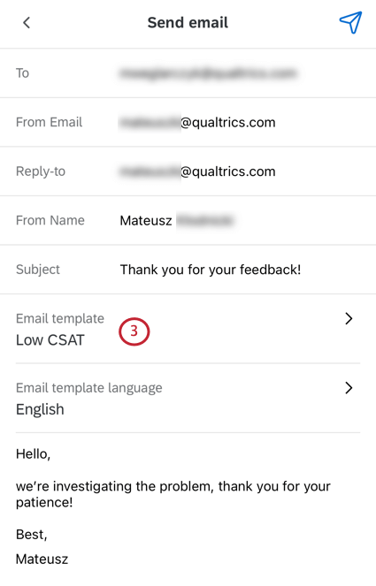 Em um e-mail acompanhamento no aplicativo xm, o campo para o modelo de e-mail está abaixo da linha de indivíduo da mensagem