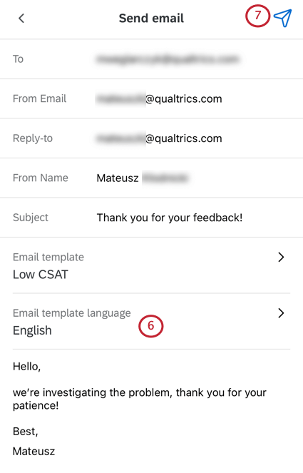 La langue du modèle de-mail apparaît juste en dessous du champ du modèle de-mail ; le bouton denvoi se trouve en haut à droite de lécran