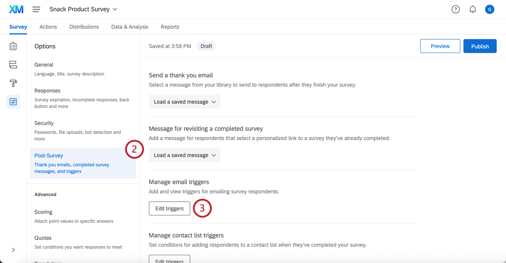 Navigare nella sezione Post-sondaggio delle opzioni del sondaggio per raggiungere il menu Modifica trigger
