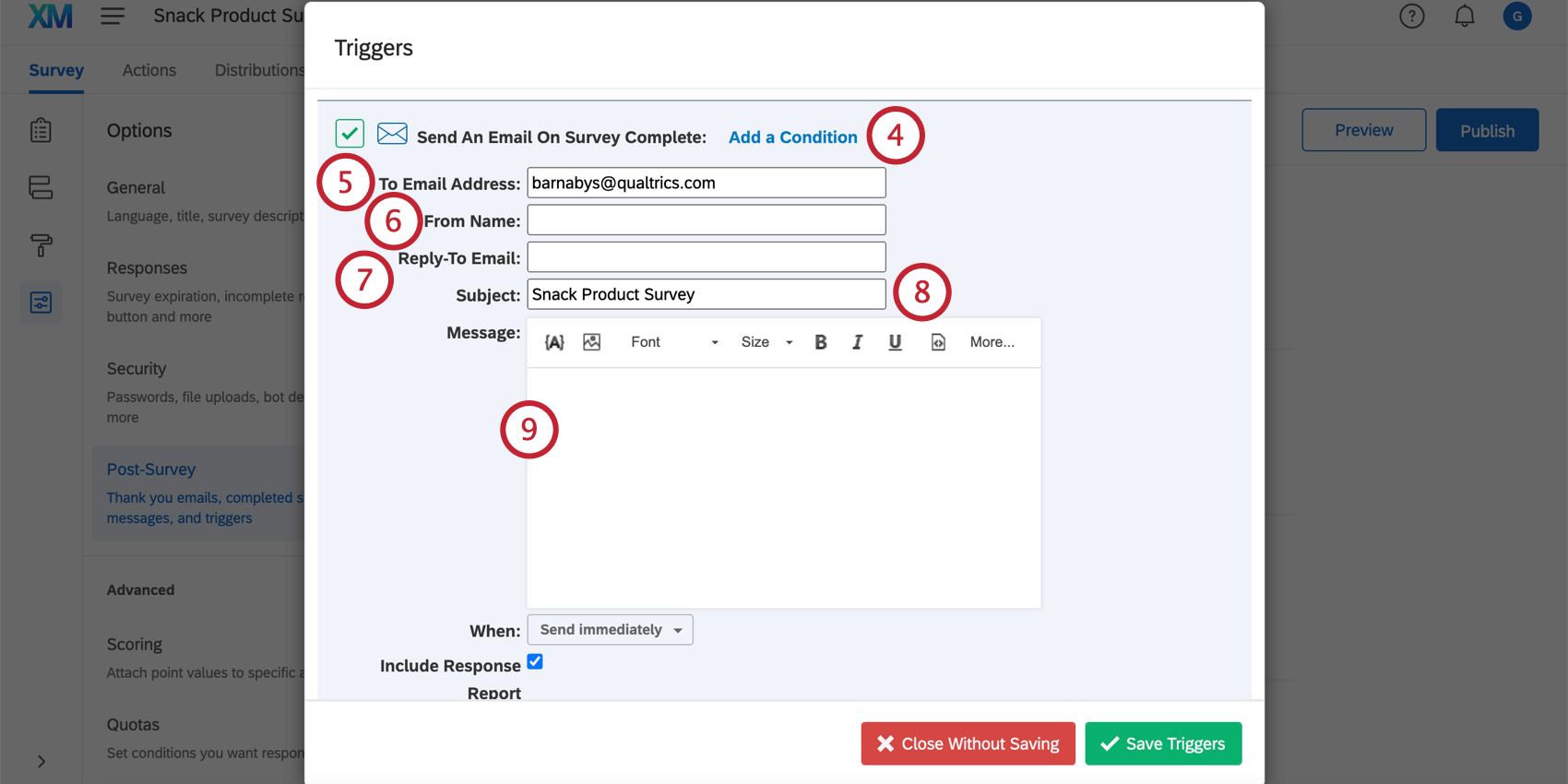 Options at the top of the email trigger