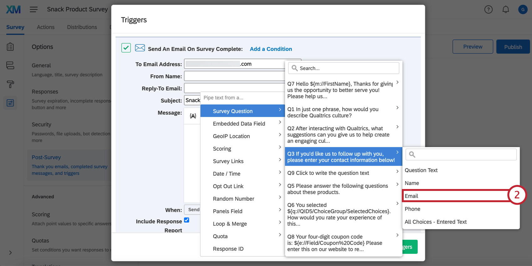 In the piped text menu, selecting an email from a question