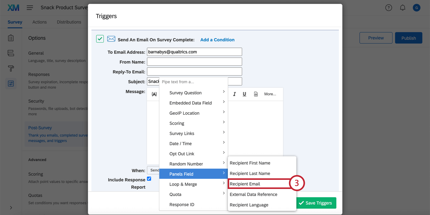 Nel menu del testo trasferito, selezionando unemail da un campo Panel