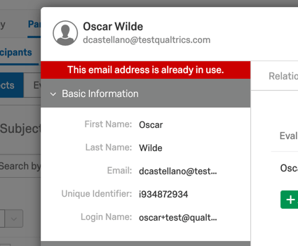 Die rote Leiste über dem Abschnitt „Basisinformationen“ lautet „Diese E-Mail wird bereits verwendet.“