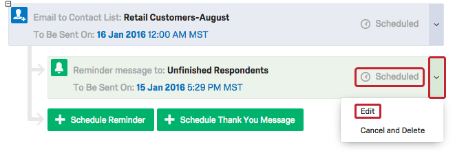 Opened dropdown on reminder distribution with Edit option indicated