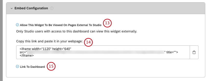 Seleccione Permitir que este Widget se vea en páginas externas a Studio para permitir que el widget de la barra se vea en páginas externas a Studio mientras se conserva la seguridad de Studio.
