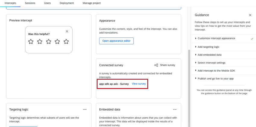 connected survey section with link to a survey