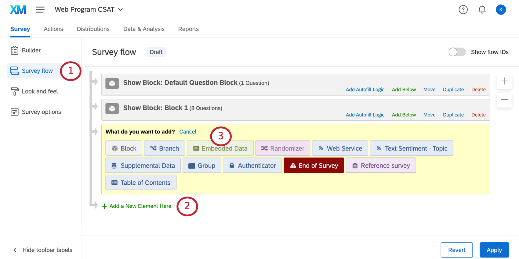 Bouton Flux d’enquête, deuxième barre d’outils int en haut de l’éditeur d’enquête. Ajouter un nouvel élément ici est en vert en bas de la liste des éléments. Au-dessus, un menu jaune saffiche avec une option de données intégrées verte.