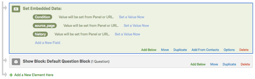 Embedded Data element at the top of a Survey Flow. Embedded Data fields are named condition, source page, and history
