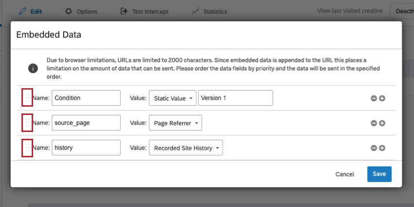 Dots to the left of three different Embedded Data - condition, source page, and history