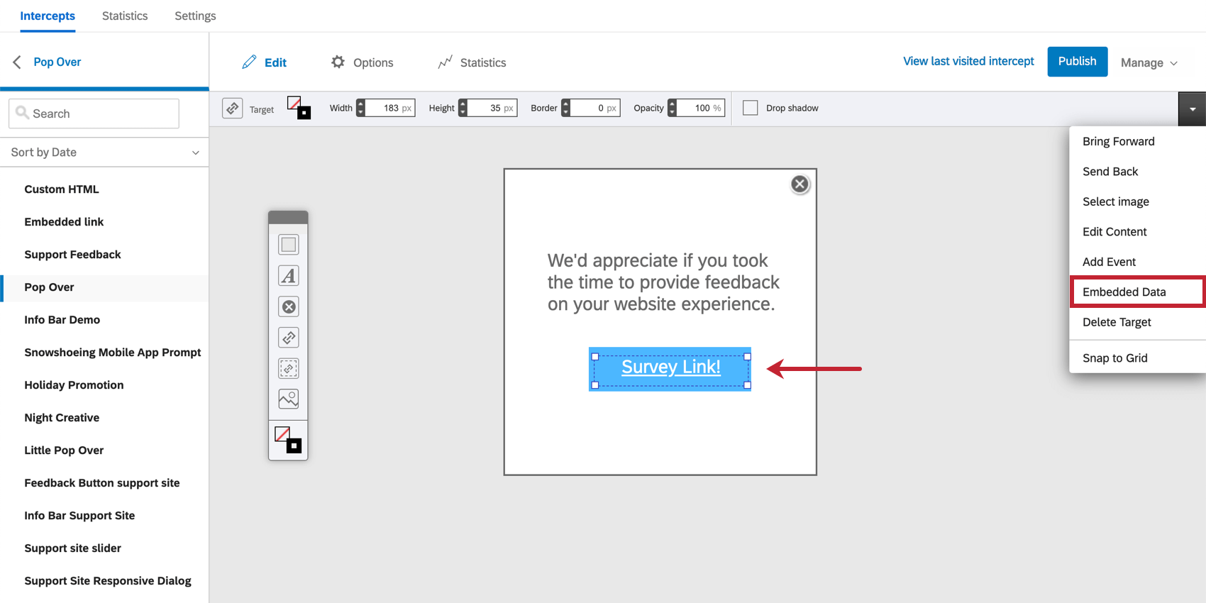 Adding embedded data to a creative with the options menu in the top-right