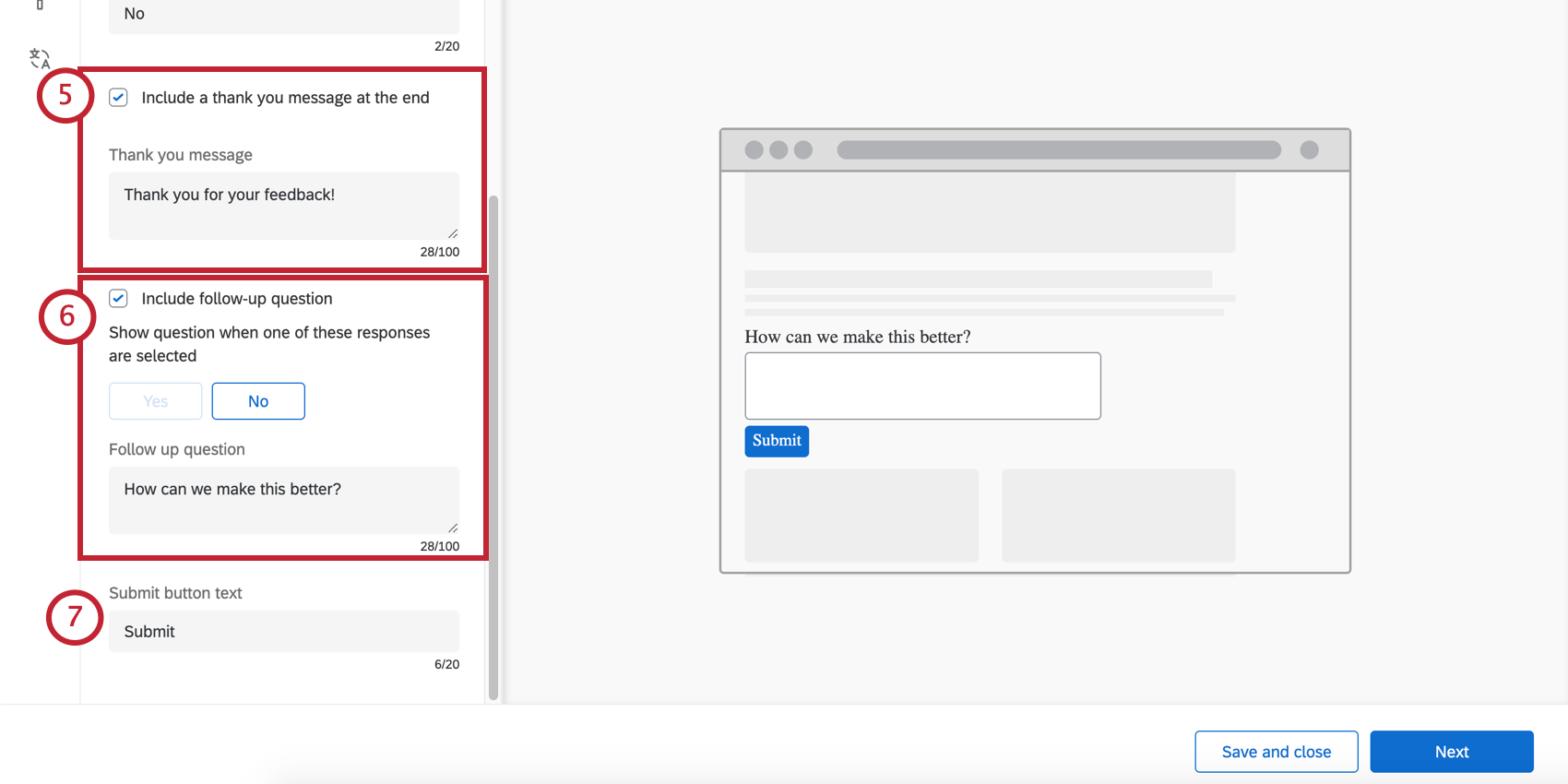 左側には、お礼、フォローアップの質問、送信ボタンのフィールドがあります。右は、フォローアップの質問と送信ボタンがライブでどのように表示されるかを示しています。