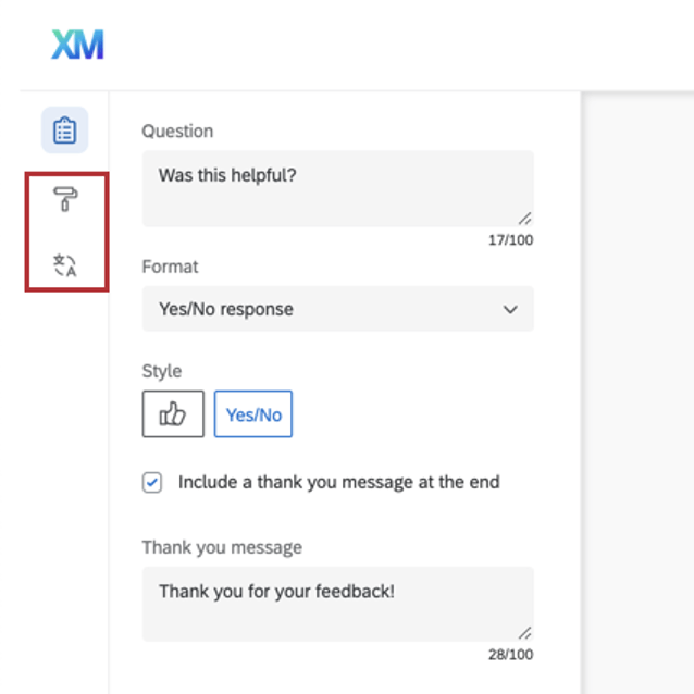 On left, three icons you can switch between while editing embedded feedback. Second and third are indicated