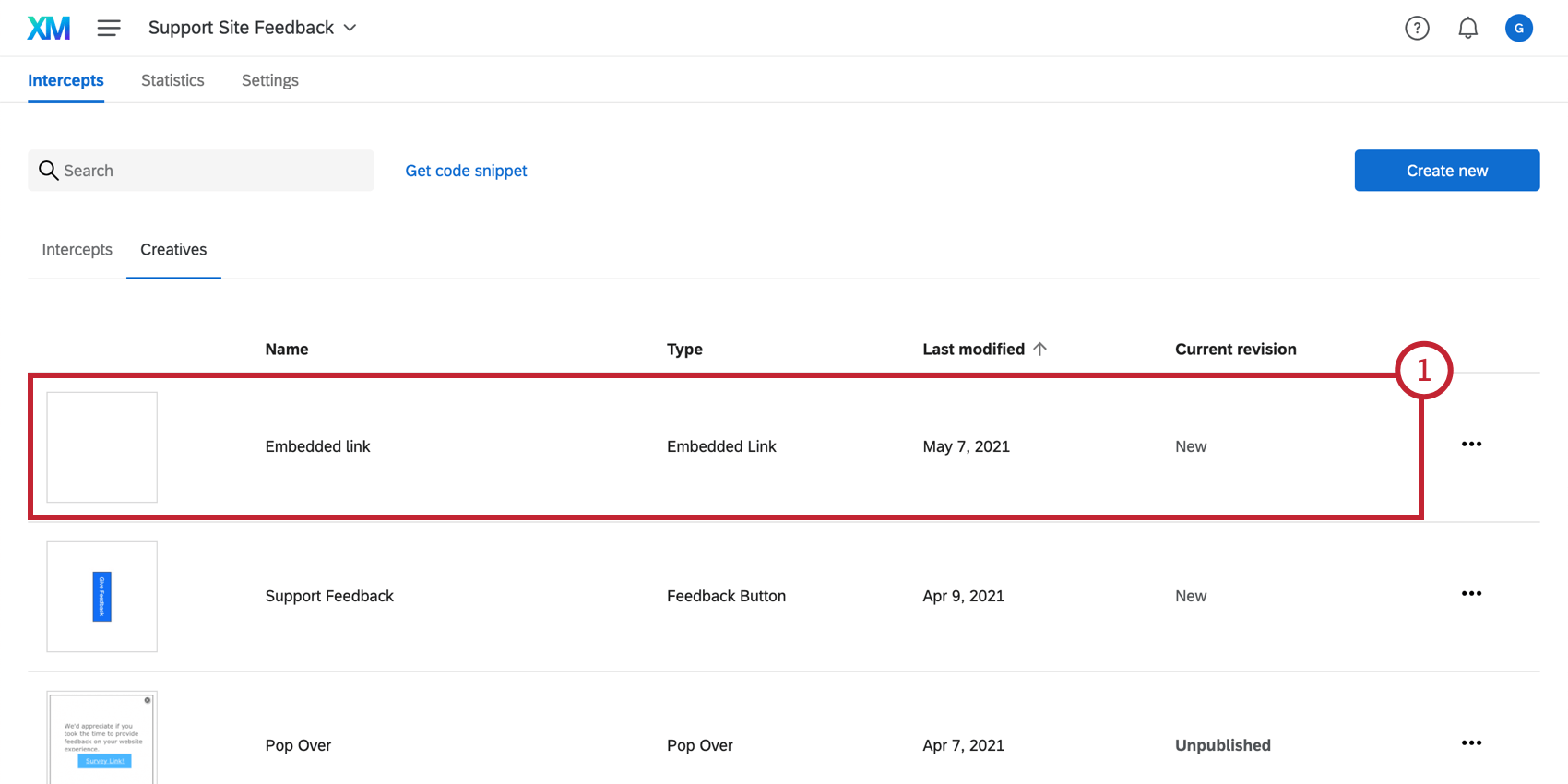 Collegamento incorporato INCORPORATO nella scheda Creativi