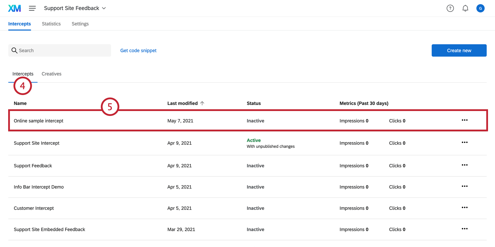 Auswählen eines Intercept auf der Registerkarte Intercepts