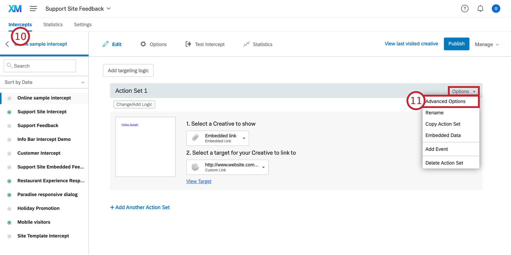 Como selecionar as opções avançadas em uma interceptor