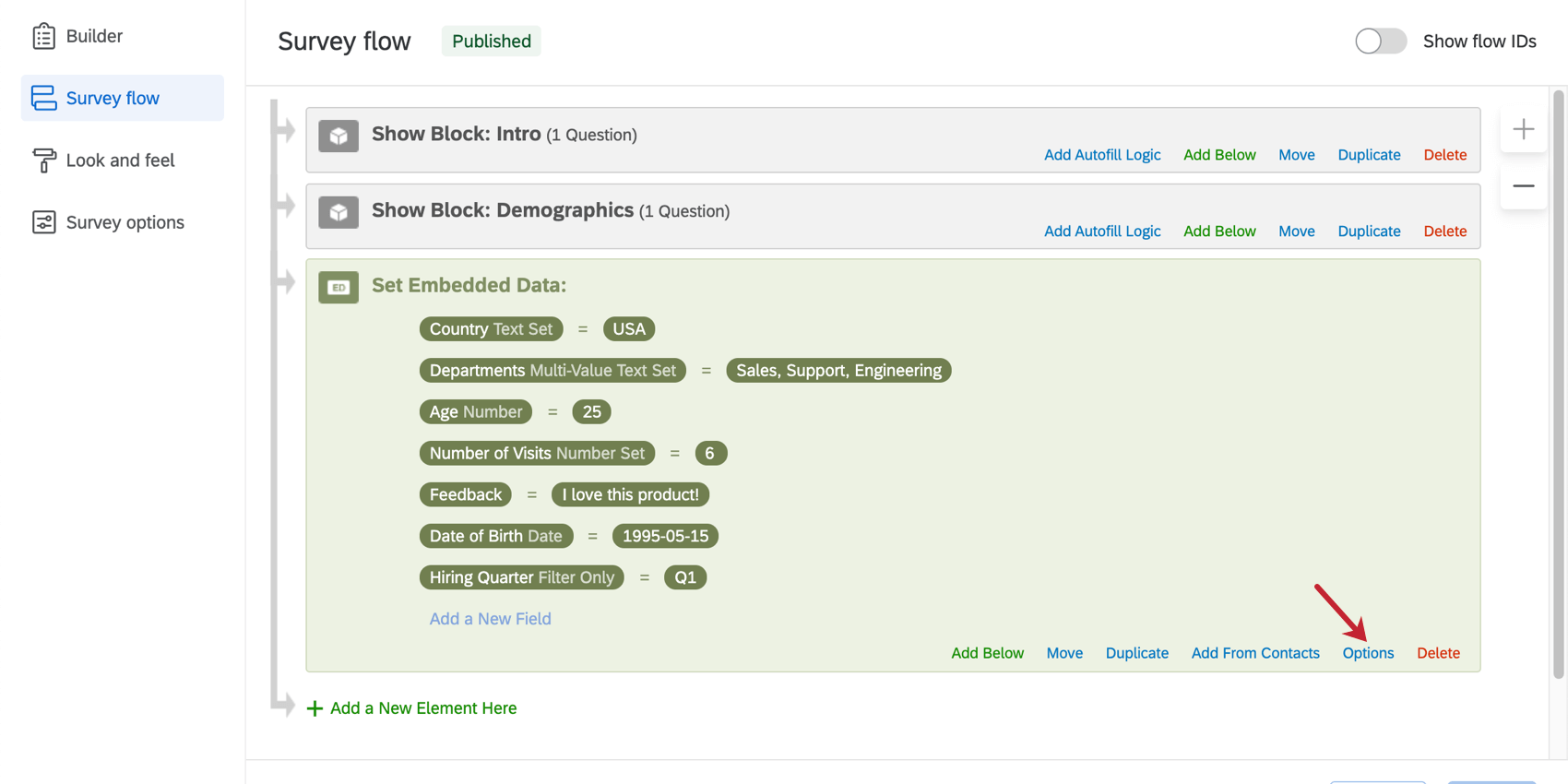 Opções no canto inferior direito de um elemento de dados integrados